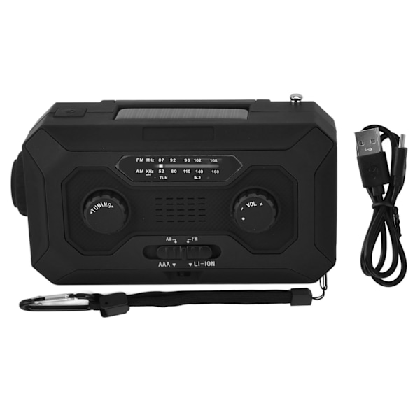 Håndsvinget Nødvejrradio AM/FM Skift Batteriindikator Lommelygte Solenergi Powerbank til Udendørs Camping Sort EU-version