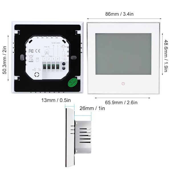 Termostat Rumstemperaturregulator Veckovis Programmerbar LCD Pekskärm 3A AC110-230V Vit