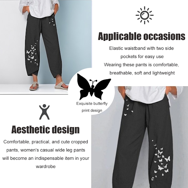 Sommerbukser til kvinder - Casual Butterfly Print, Wide Leg, Sports Lounge, Løstsiddende
