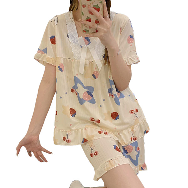 Dam Pyjamas Set med Korta Ärmar, Två Delar, Söt Tryckt Volangkant, Fluga, Loungewear Set Typ 2 XL