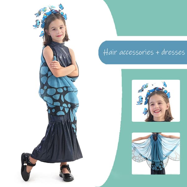 Halloween-kostume med sommerfuglevinger, kappe, kjole til prinsesse M