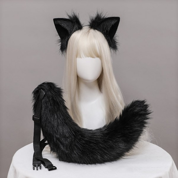 Kattungeöron Varghuvudräv Öron Svans Set Djur Söta Huvudtillbehör för Halloween