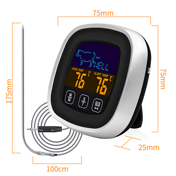 Digital kötttermometer med stor pekskärm LCD, med lång sond, kökstimer, bakgrundsbelysning Omedelbar avläsning för rökare Köksgrillugn, grill