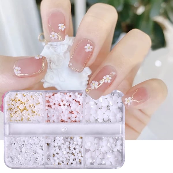 3D-blomdekorationer,Nagelkonst,Vit