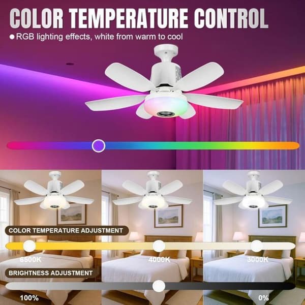 47 cm RGB loftventilator med lys, 32W E27 fatning, justerbar lys loftventilator med 3 hastigheder, 6 blade (hvid)