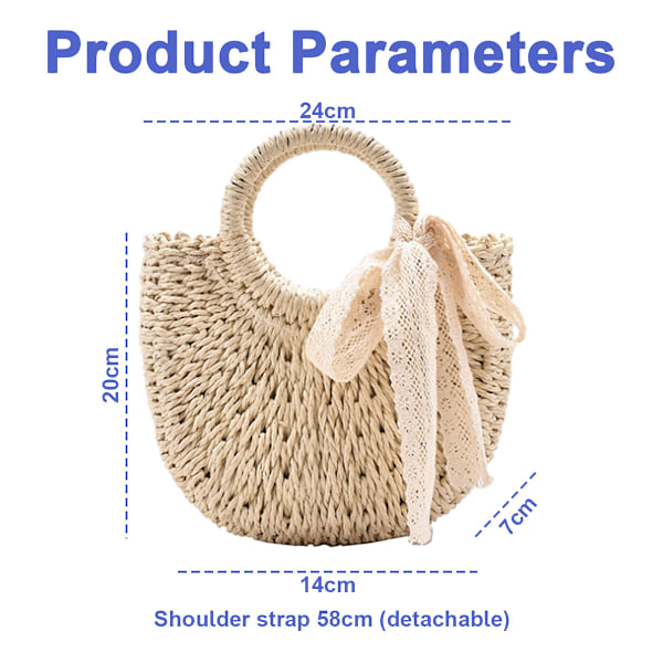 Strohstrandveske for kvinner, vevd crossbody-skulderveske, topphåndtak, satchel-håndveske, lommebok for sommeren