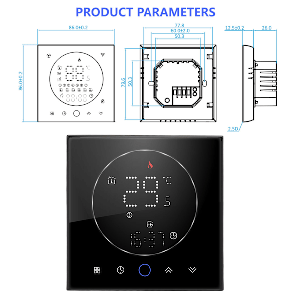 Smart Termostat med LED-skjerm, Vannvarmekontroll, 13 mm Innfelt Trådløs Programmerbar Termostat for Hjem, Rom, Kontor, AC95‑240V, Svart