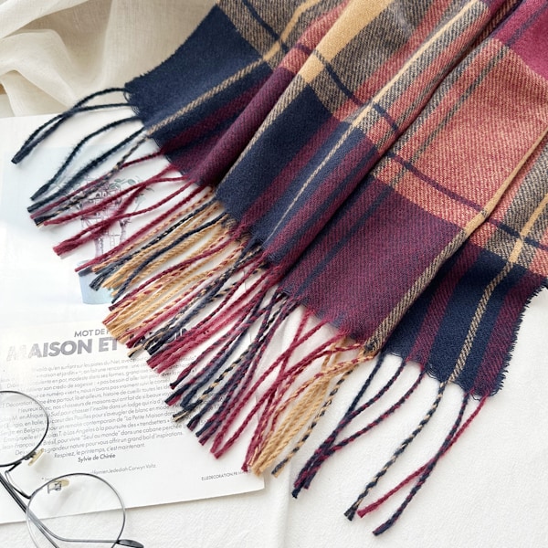 Lange pledd-sjal i chunky-strik for kvinner - Overdimensjonert vinter/høst-sjal i varm tartan