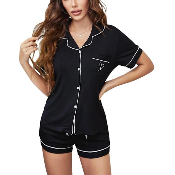 Dam Pyjamas med Korta Ärmar, Nedåtvänd Krage, Två Delar, Midjesnöre, Sommarsovkläder, Svart, Storlek S
