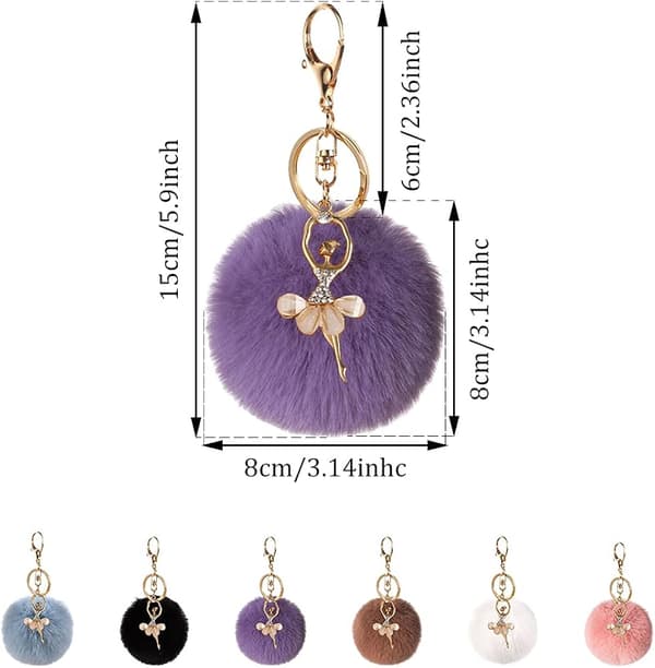 6 pcs Plush Keychains, Rhinestone with Plush Pom Pom Pendant