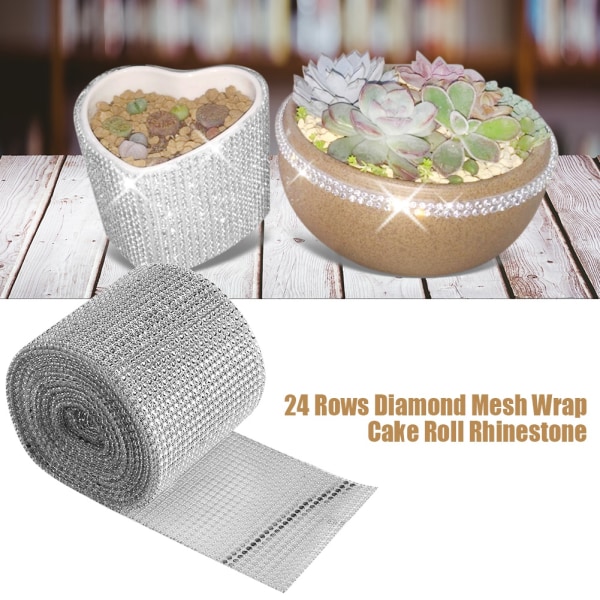 24 rader Silverfärgad Plast Rhinestone Mesh Ribbon Wrap Roll