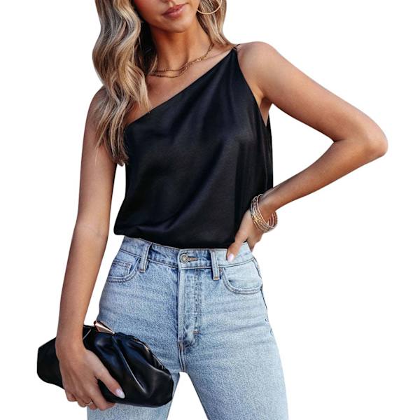 Dam Satin Tank Top Enkelsidig Ren Färg Lös Passform Sommar Ärmlös Väst Svart M