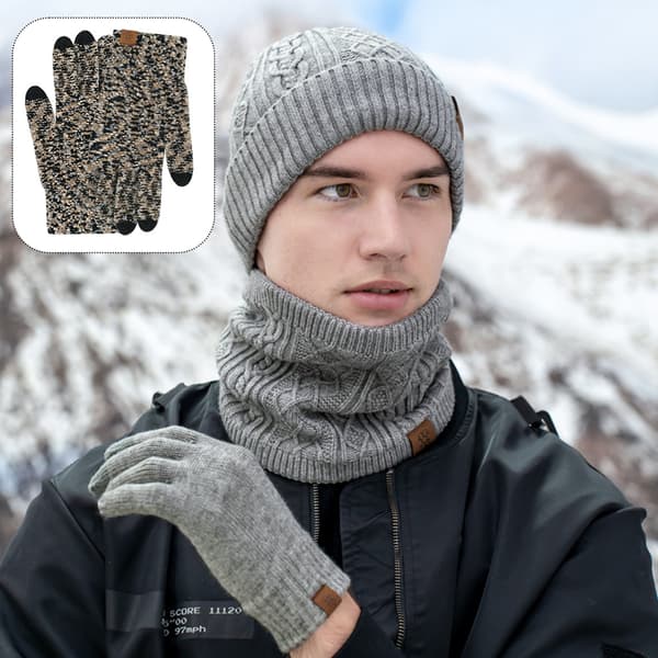 Scarf Touchscreen Gloves Large Hat Scarf Gloves Set Thick Knitted Beanie[TT] Black+gray+brown