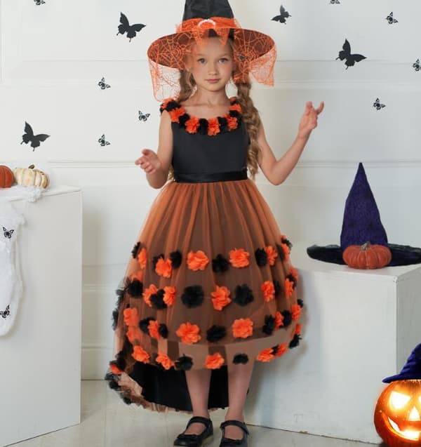 Flickas Blomsterkaka Mesh Släp-Kjol Orange Orange 140CM