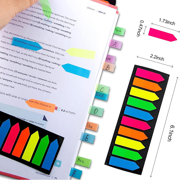 Fluorescerande genomskinliga självhäftande flaggor, 1200 st totalt, förpackning med 10 färgflikar, indexflikar, sidmarkörer