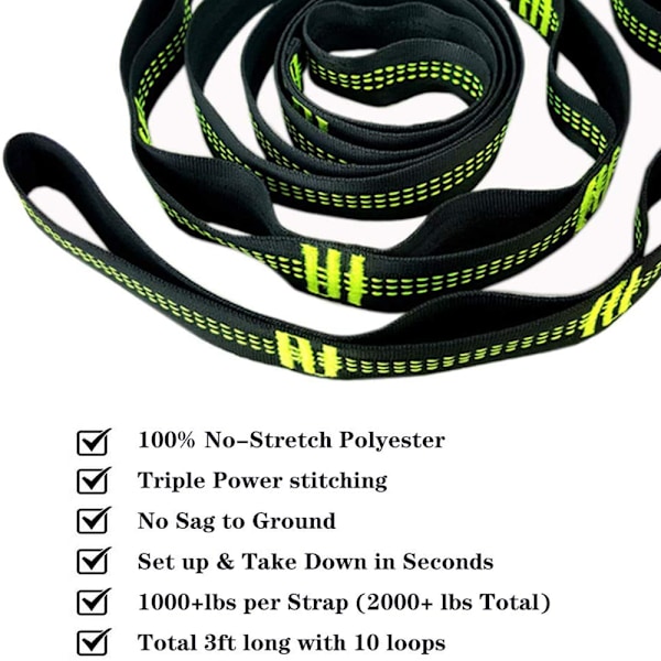 Hängmatta Fäste Trädgunga Fäste Hängstol Set 3 Meter X 2,5cm Max 500kg, 15 + 1 Öglor (polyester) 2 Karbinhakar + Hängstol