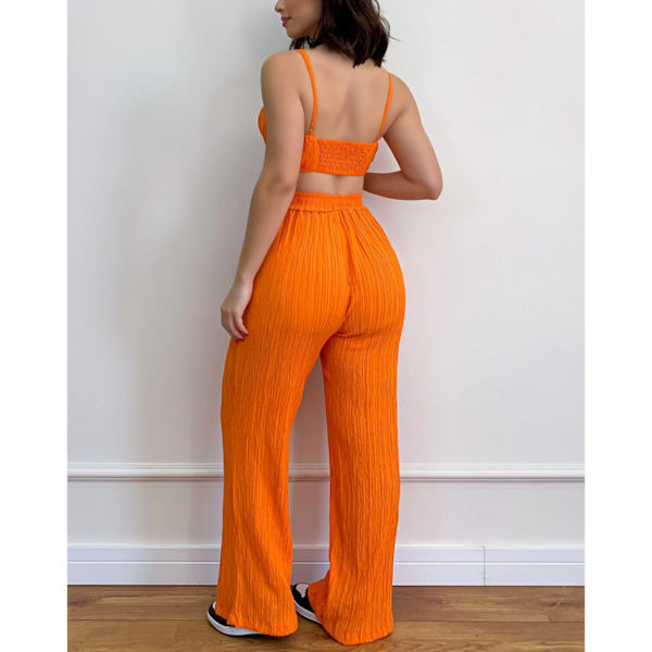 Sommarset för kvinnor med draperad byst, spaghettiband, tubtopp, hög midja, elastisk midja, långa byxor, enfärgad, orange, XL