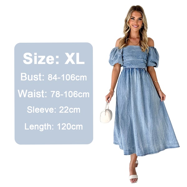 Kvindes Off Shoulder Denim Kjole Puff Ærme Elastisk A-Linje Jeans Kjole