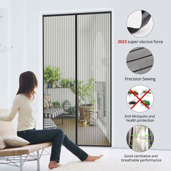 Black Magnetic Mosquito Net Door 140x240cm Fly Screen Curtain with Adhesive Strap, Automatic Closing, Ultra-fine Mesh, Installation