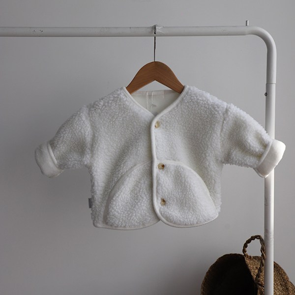 Pige Fleecejakke med Knapper, Kunstpels, Tyk Yderbeklædning med Lommer (Off White)