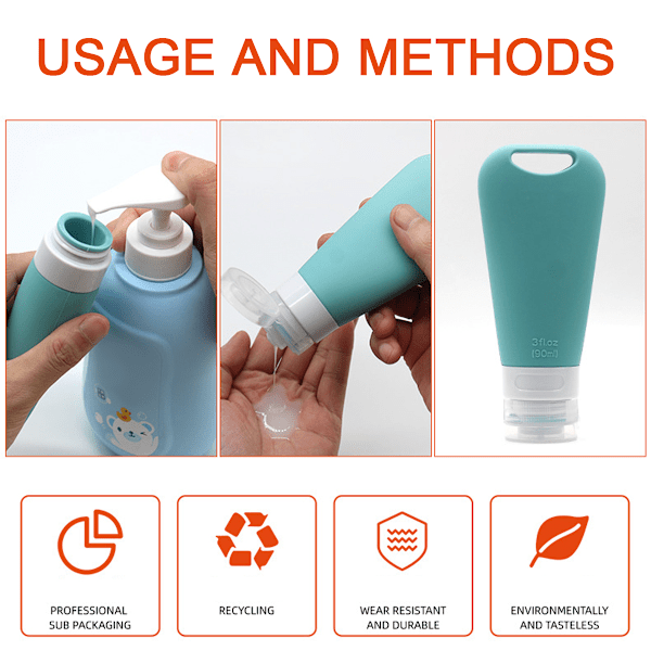 90 ML Silikon Reseflaskor Set, Läcksäkra Pressbara Bärbara Tubar Resestorlek Toalettartiklar Behållare, Resetubset Kosmetiska Behållare för