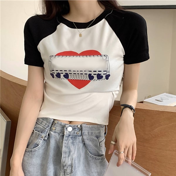 Dam T-shirt med Kort Ärm, Kontrastfärger, Rund Hals, Casual, Sommar, Slim Fit, Vit, Storlek L