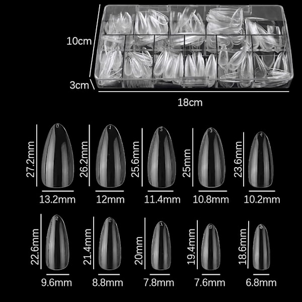 Nageltips 500 st Klar Akryl Medium Nagel Full Covers med Fodral för DIY Manikyr, 12 Storlekar