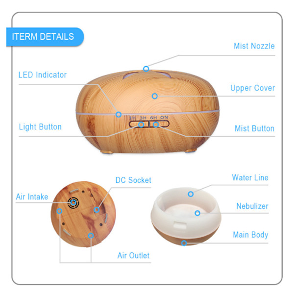 Aroma Diffuser, 550ML Luftfugter Ultralydforstøver, Rumfugter Aromaterapi Olier Duftlampe med 7 Farver LED Lyst Træ Light wood