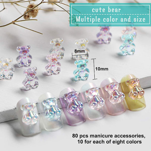 80 st Nail Bear 3D Nagelcharm för Resin Naglar Dekorationskit för Nagelkonst Design DIY