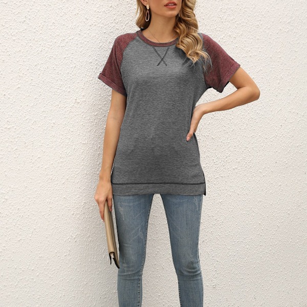 Kvinner Casual Korte Ermer T-skjorter Raglan Rullede Ermer Løse Side Split Tunika Topper (Mørk Grå)