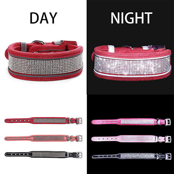 Glansfuld fløjl læder rhinestone stor hundekrave holdbar justerbar reflekterende kæledyrs krave