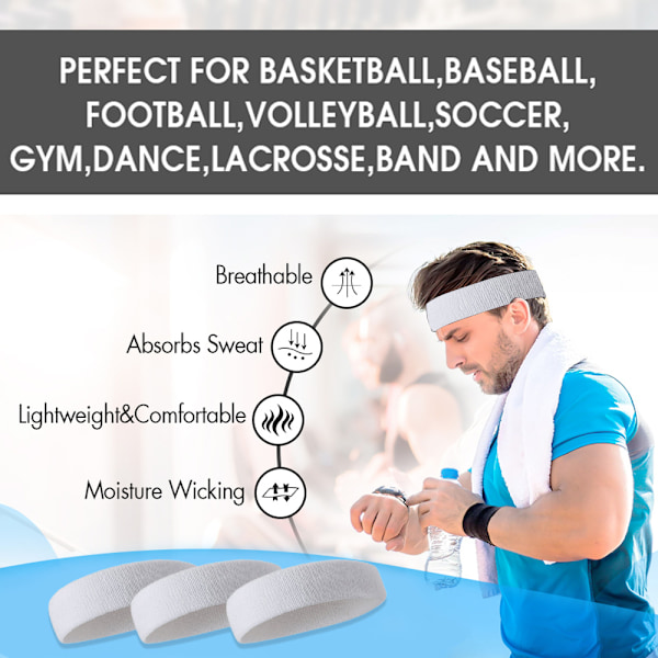 3-pack svettabsorberande sportpannband för män och kvinnor, lämpligt för tennis, basket, löpning, gym, träning