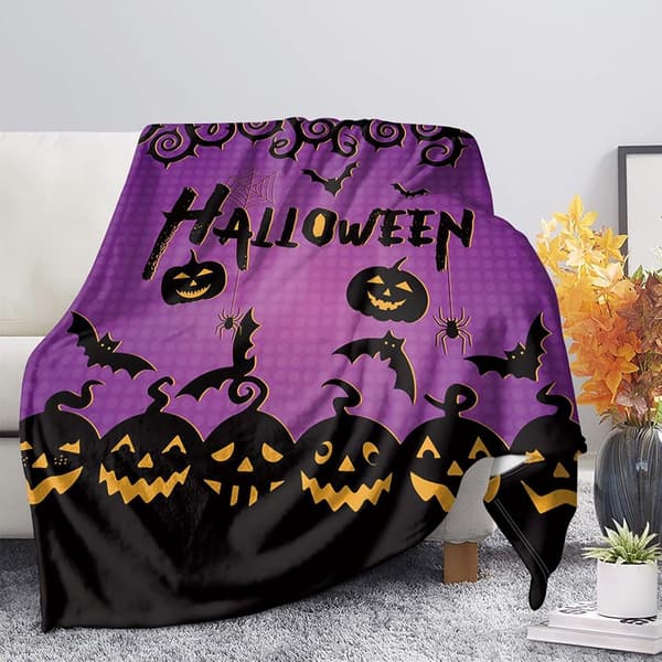 Halloween tæppe Græskarprint Blødt Fleecetæppe 150x200cm Lilla Sort Hyggelig Efterår Vinter Indretning[TT]