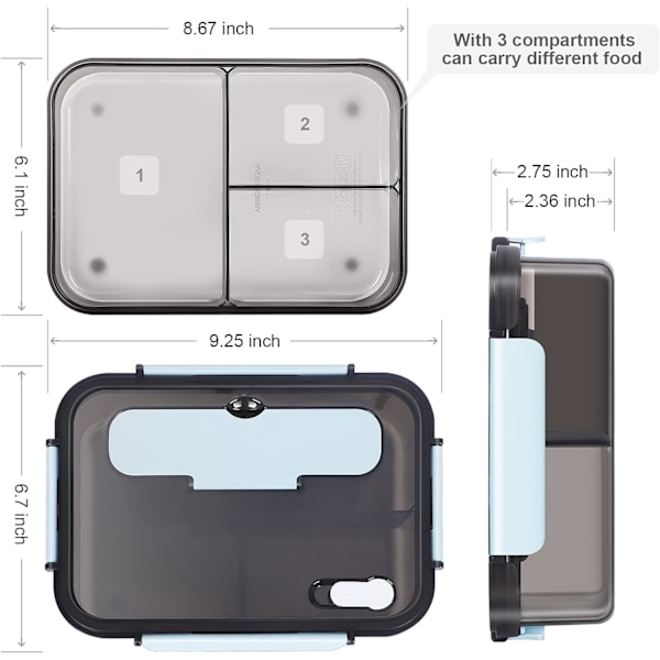 Bentobox för Vuxna och Barn, Lunchlåda och Matlåda i Plast, Mångsidig 3-Fack Bento-Stil - 1500ML - med Sked