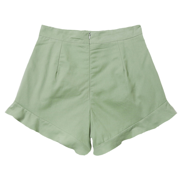 Damshorts med Rynkad Kant Hög Midja Casual Lös Ren Färg Vida Ben Mode Shorts för Sommar Hem Utomhus Resa Ljusgrön L