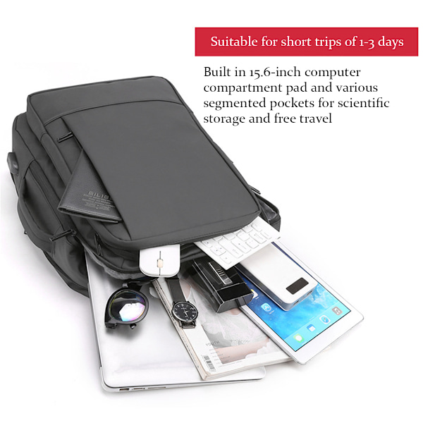 Resebärbar Laptop Ryggsäck Handbagge Personligt Föremål, Utbyggbar Affärsdator Avslappnad Dagryggsäck med USB-Port