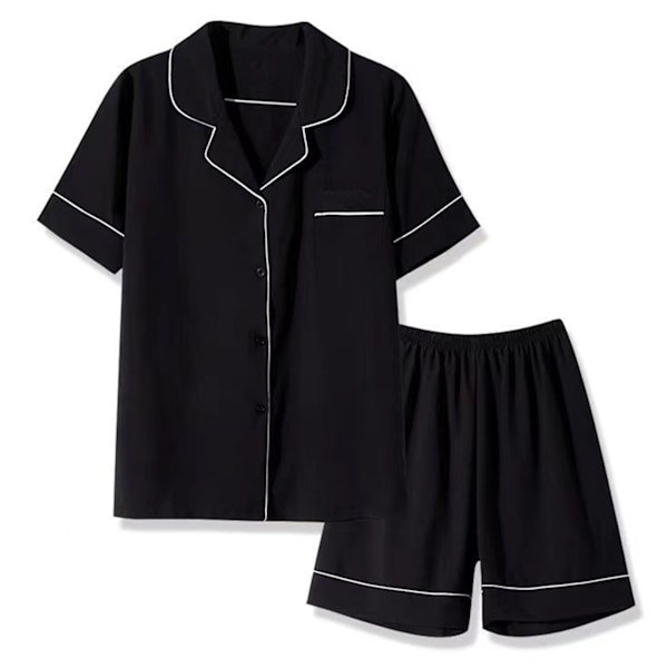 Dam Pyjamas Set Tvådelad Nattkläder Knappar Kortärmad Lounge Nattkläder för Sommar Svart XL