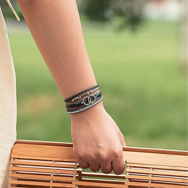 Boho Wrap Armbånd Lær Mansjett Bangel Gull Perler Armbånd for Kvinner Stable Infinity Armbånd Smykker med Spenne