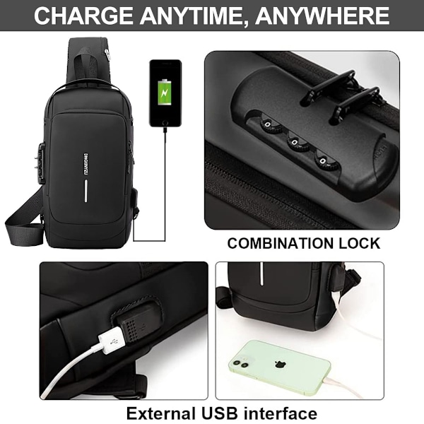 Crossbody-väska, vattentät bröstväska med USB-laddning, axelryggsäck för män och kvinnor