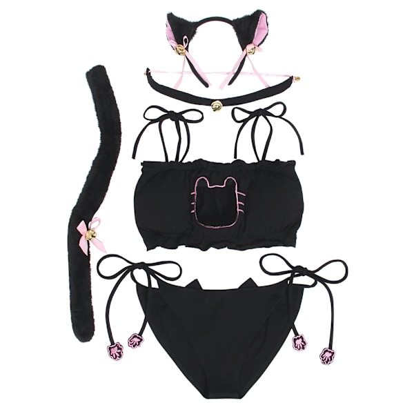 Kostym för kvinnor - Lingerieset med kattmotiv, nyckelhålsdesign, söt och sexig outfit, Halloween- och juldräkt - Svart