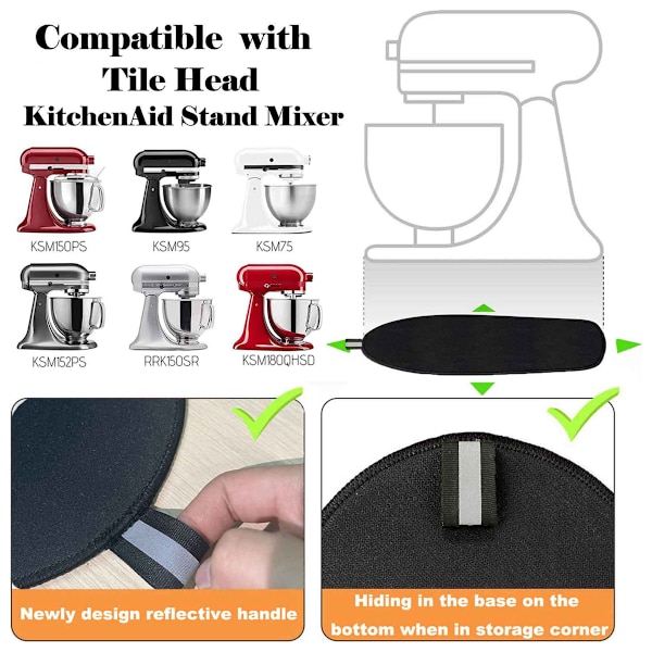 Glidemåtte til Kitchenaid røremaskine, glidemåtte med bøjelige ledningsholdere til KitchenAid 4-5 Qt apparater black