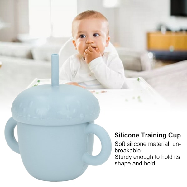 Silikon Træningskop Spildsikker Silikon Baby Træningskop med Dobbelte Håndtag og Låg Grå Blå