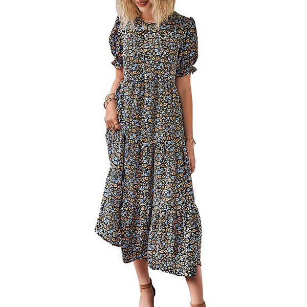 Sommarcasual Boho-klänning för kvinnor, blommig, med volangärmar, hög midja, midi, strandklänning