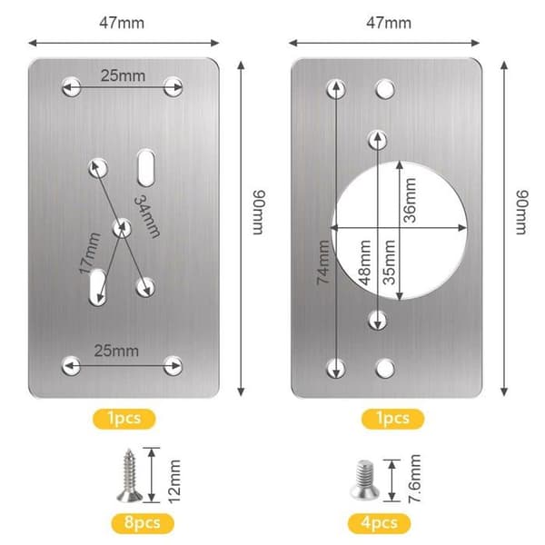 Hængselreparationsplade i rustfrit stål, 2 stk. – 9 x 4,7 cm, 12 huller, overflademonteret