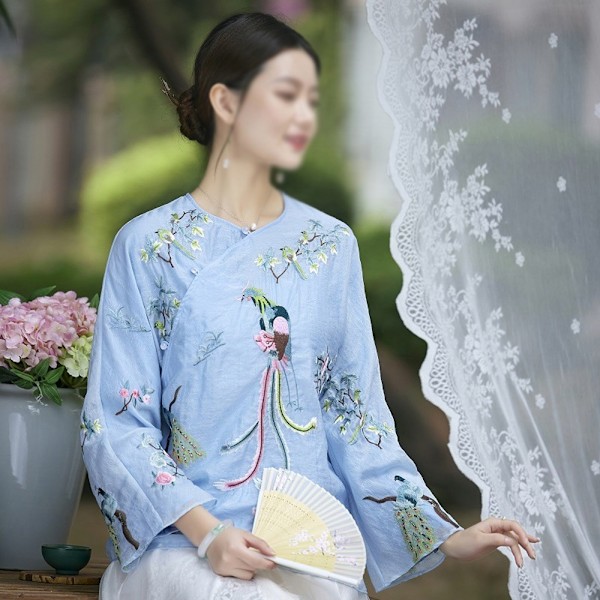 Broderade Långärmade T-shirts för Kvinnor Blusar Etniska Blommor Fåglar Tunika Toppar, Traditionell Klädsel