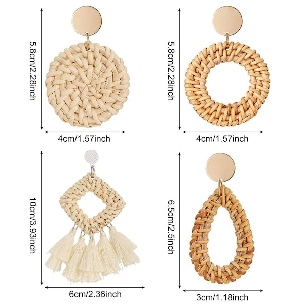 4 Par Rattan Øreringe Flettede Øreringe Geometriske Flettede Rattan Kvaster Øreringe Håndlavede Bohemian Flettede Vedhæng Øreringe