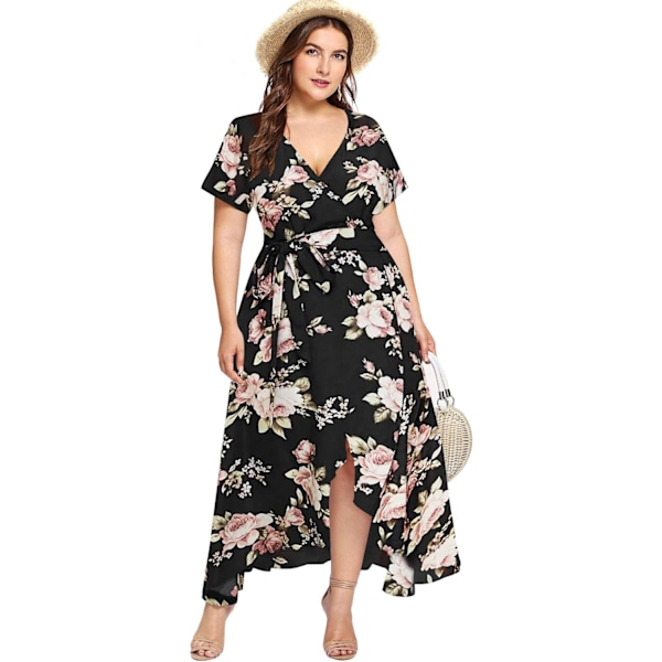 Plus Size Casual V-hals Kjole med Bælte, Empire Talje og Asymmetrisk Maxi