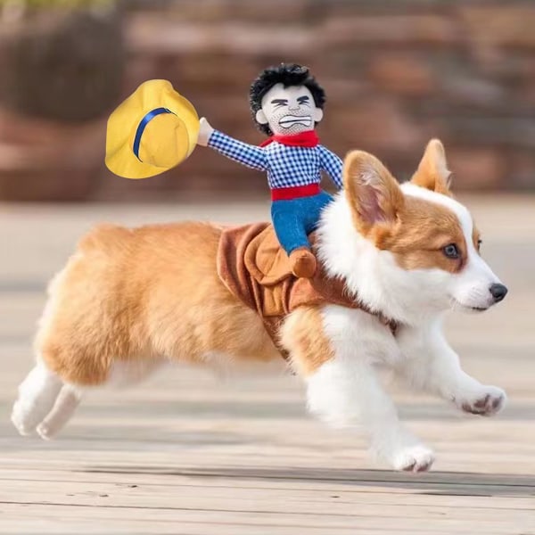 Cowboy Rider Hundekostume - Halloween Hundekostumer til Små Hunde eller Katte, Hundetøj Ridderstil med Dukke og Hat til Halloween Dag Dyrekostume