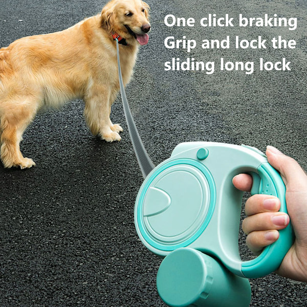 Inntrekkbar Hundeleie med LED-lommelykt, 360° Tanglefri Lang Leie med Poop Bag Dispenser (Grønn)
