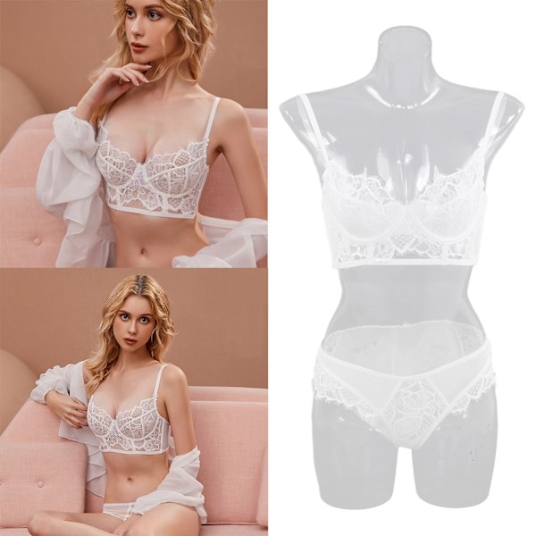 Spetsbh-set Underkläder Blommig Justerbar Rem V-ringad Transparent Bh Trosset för Kvinnor Vit 75B